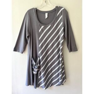 Chalet Gray Oversized Top White Stripe Long Tunic Pocket Long Sleeve Sz S